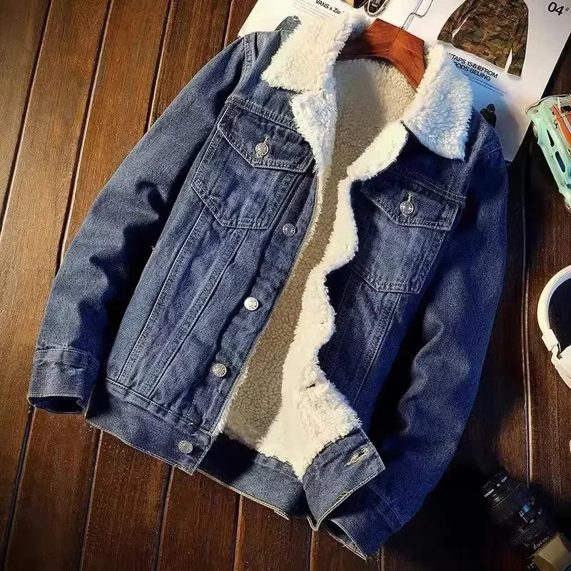 Men's Fleece-Lined Denim Loose Fit Winter Coat Jacket