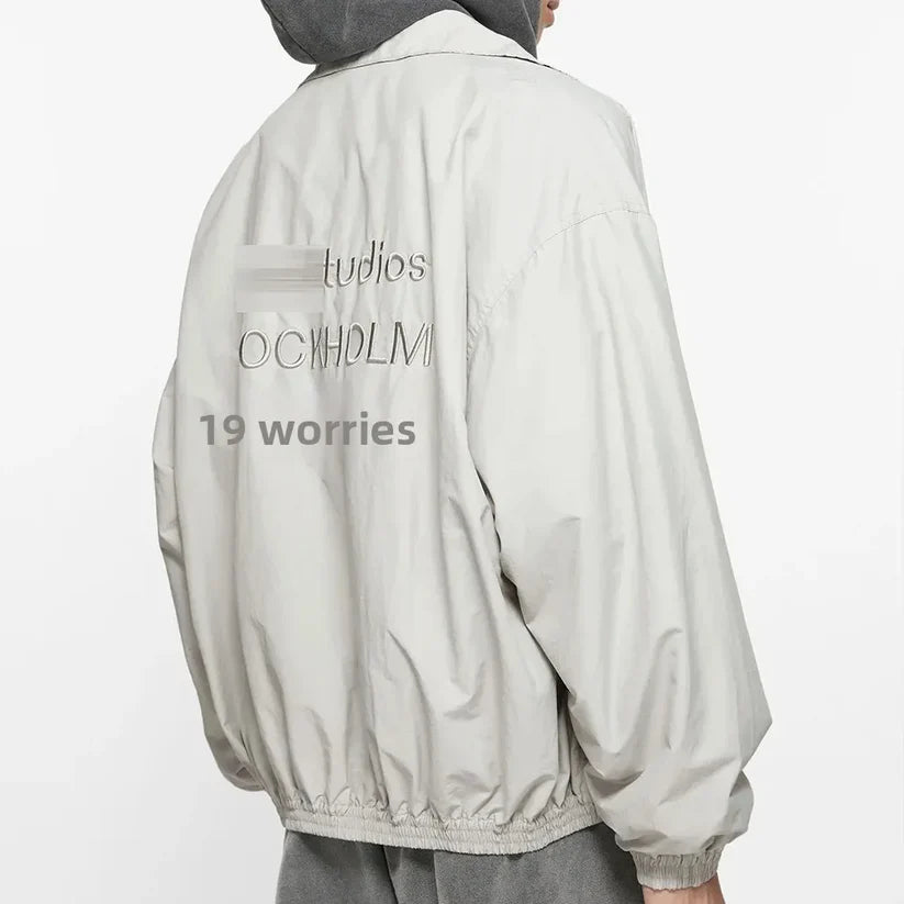 Men's Loose Fit Streetwear Embroidery Stand Collar Coat Jacket