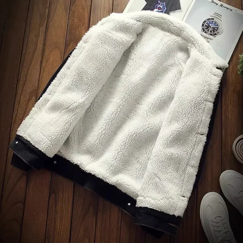 Men's Fleece-Lined Denim Loose Fit Winter Coat Jacket