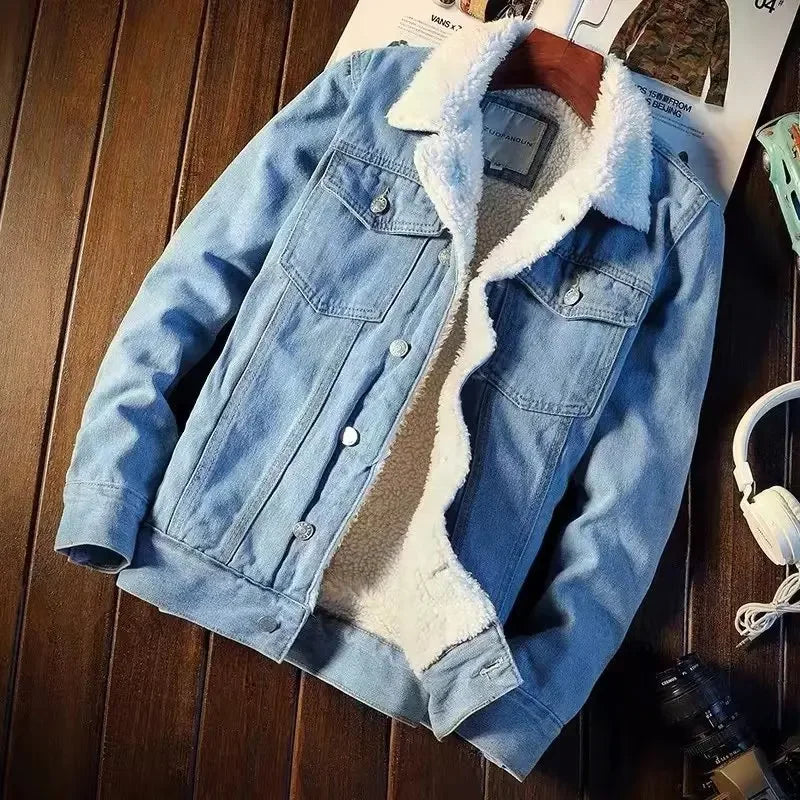 Men's Fleece-Lined Denim Loose Fit Winter Coat Jacket