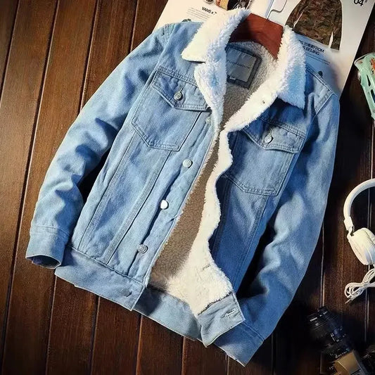 Men's Fleece-Lined Denim Loose Fit Winter Coat Jacket