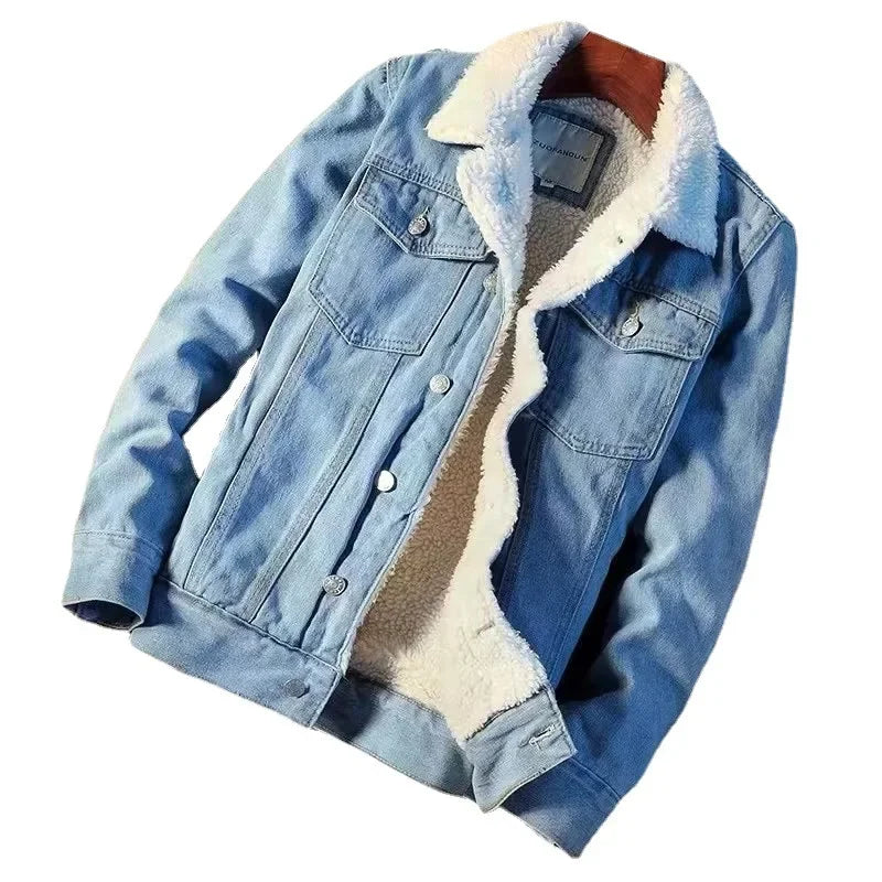 Men's Fleece-Lined Denim Loose Fit Winter Coat Jacket